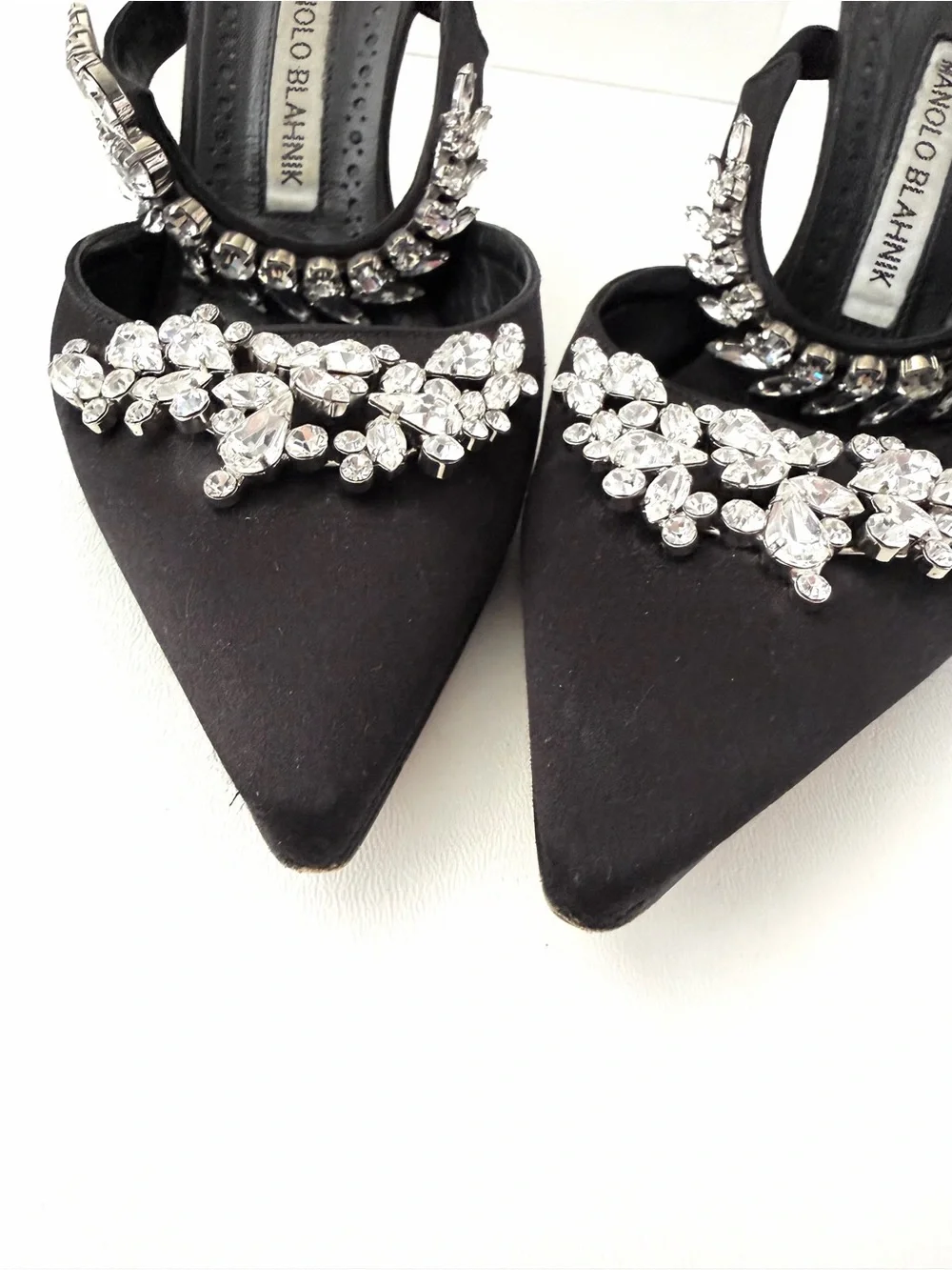 MANOLO BLAHNIK | Lurum Black Satin Crystal Embellished Mule Heels EU 37
